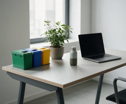 Escritorio sostenible con contenedores de reciclaje y una planta