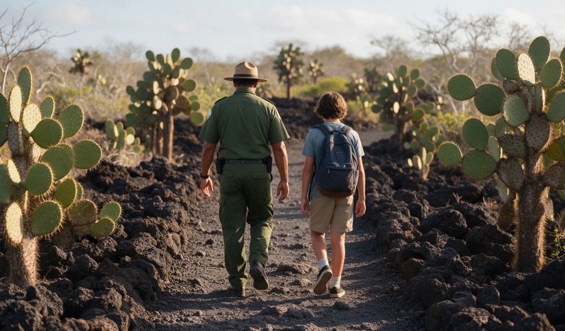 Guardaparque y estudiante caminando por un sendero de lava entre cactus de tuna
