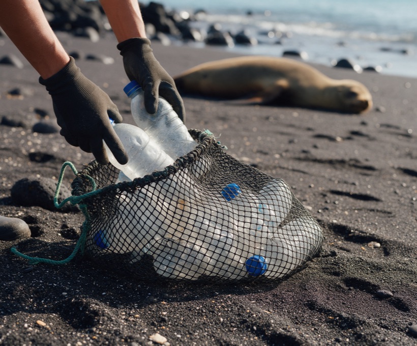 Manos con guantes recogiendo botellas plásticas en una playa de arena volcánica