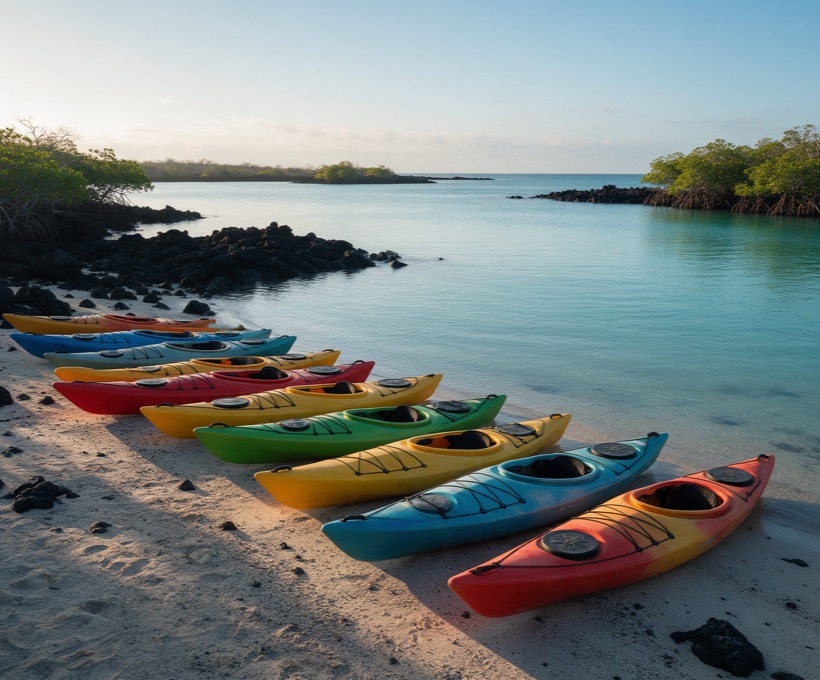Kayaks de colores en la orilla de una bahía turquesa de Galápagos