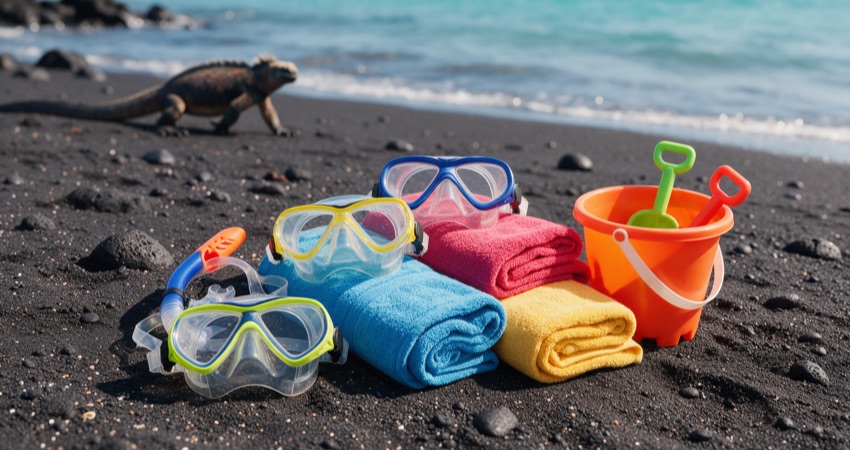 Máscaras de snorkel, toallas y baldes sobre una playa de arena volcánica de Galápagos