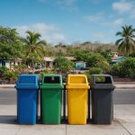 Contenedores de reciclaje de colores en una calle de un pueblo de Galápagos