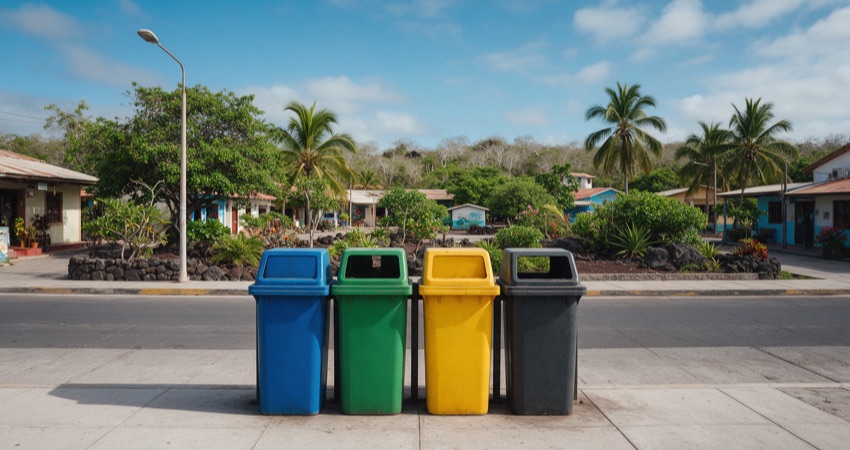 Contenedores de reciclaje de colores en una calle de un pueblo de Galápagos