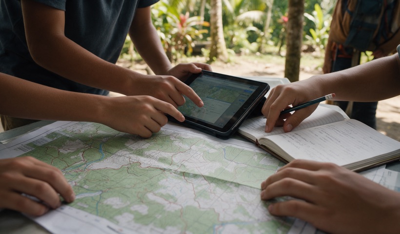 Manos de adolescentes trabajando con una tableta, un cuaderno y un mapa topográfico