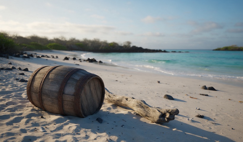 Barril de madera y troncos en una playa de arena de la isla Floreana