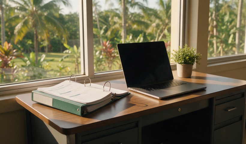 Escritorio docente con una carpeta de planificación, una laptop y una planta