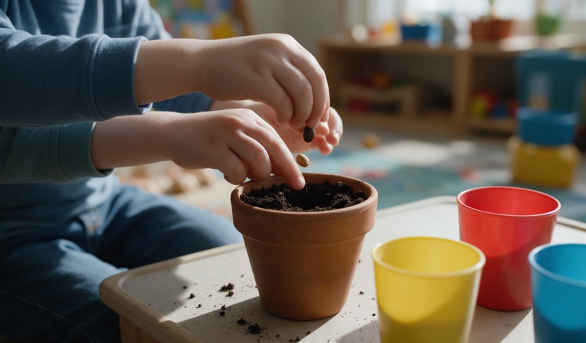 Manos de niñas y niños plantando una semilla en una maceta