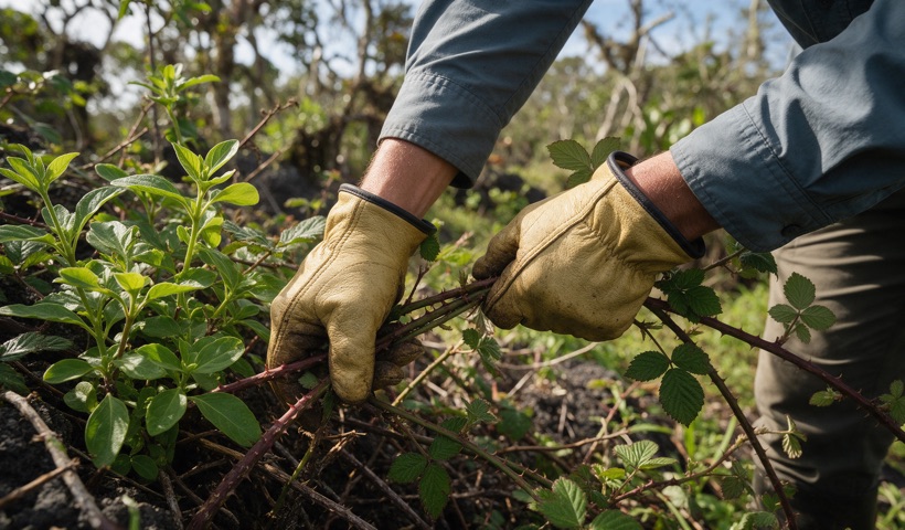 Manos con guantes retirando brotes de mora invasora junto a plantas nativas