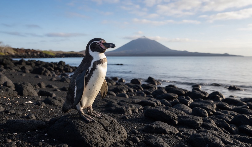 Pingüino de Galápagos sobre una roca de lava en Isabela, con un volcán al fondo