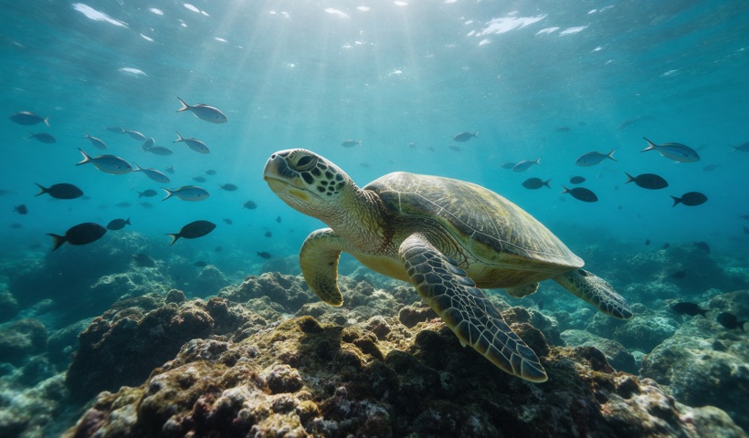 Tortuga verde nadando sobre un arrecife en la Reserva Marina de Galápagos