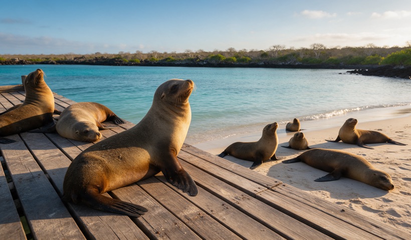 Lobos marinos descansando en un muelle y una playa de San Cristóbal