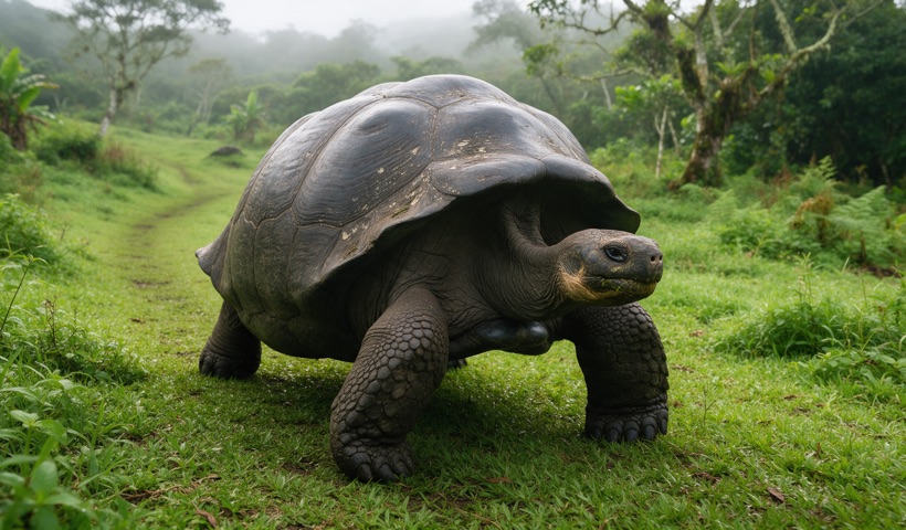 Tortuga gigante caminando por un sendero verde en las tierras altas de Santa Cruz